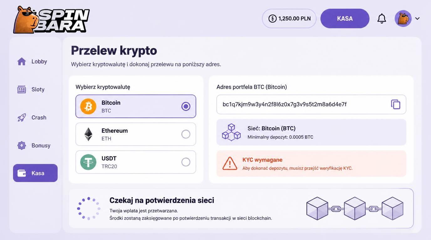Zrzut ekranu procesu wpłaty kryptowalutowej z sygnalizacją KYC i sieci.