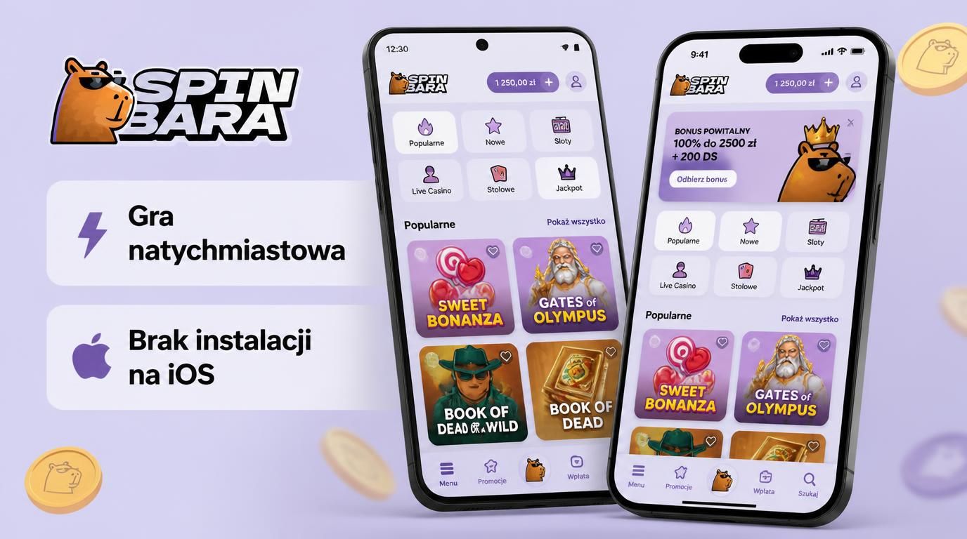 Zrzut ekranu aplikacji i wersji webowej Spinbara na Android i iOS pokazujący natychmiastową grę bez opóźnień.