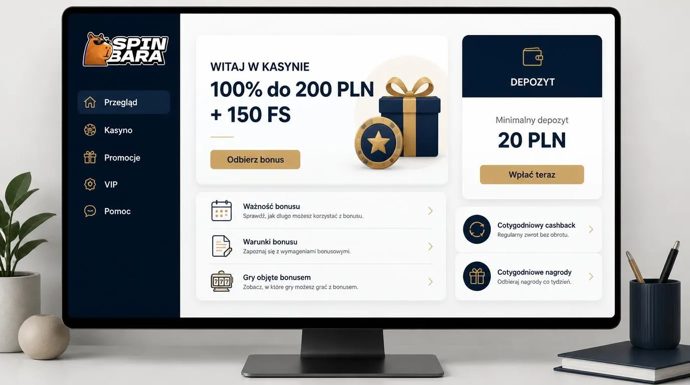 Panel bonusu powitalnego 100% do 200 PLN i 150 FS obok informacji o minimalnym depozycie 20 PLN