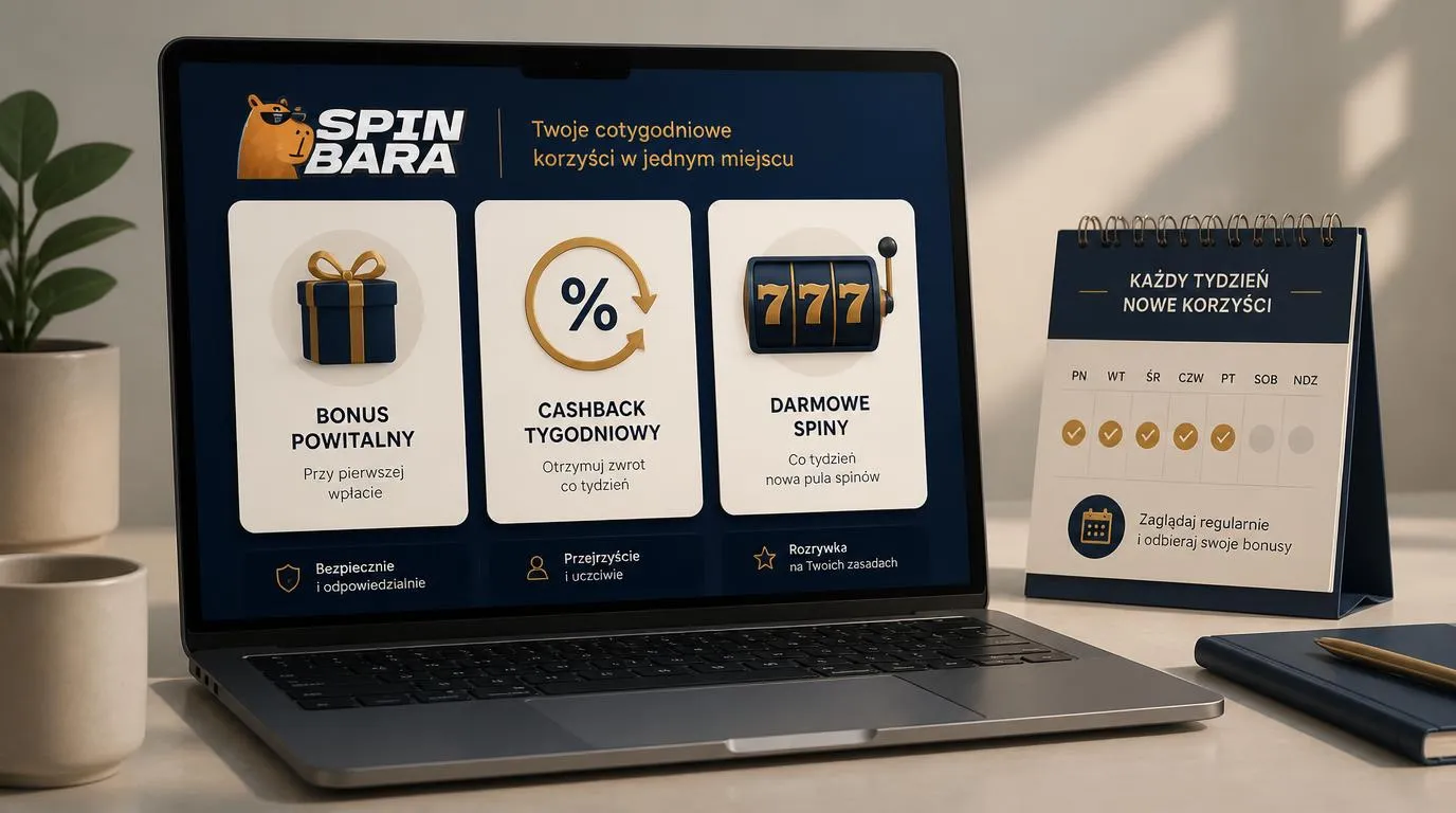 Panel nagród kasyna z kartami bonusu powitalnego, cashbacku i tygodniowych darmowych spinów