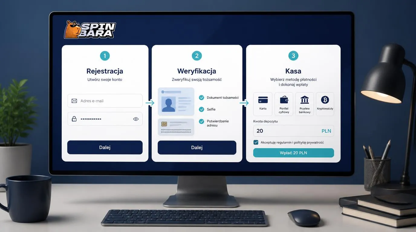 Panel rejestracji, weryfikacji tożsamości i kasy z wyborem metody wpłaty oraz kwotą 20 PLN