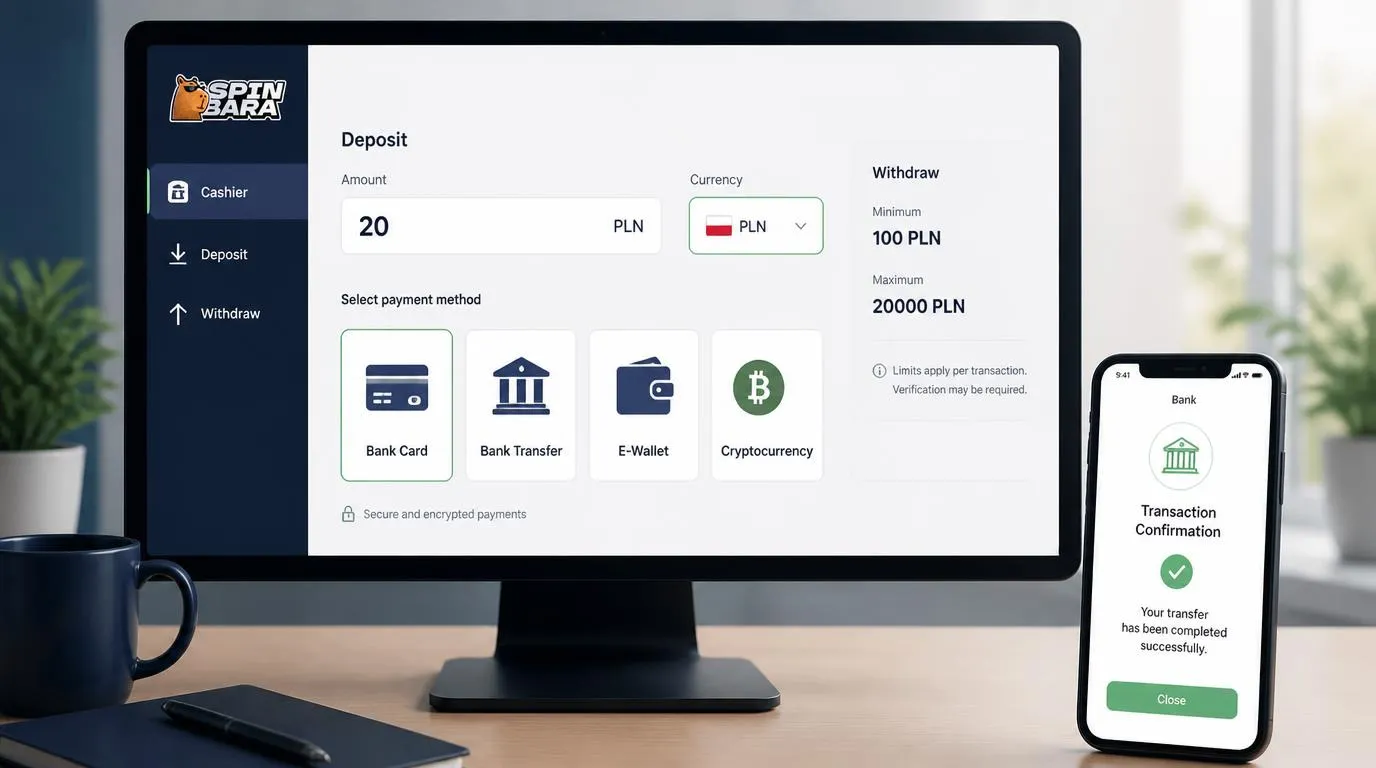 Panel kasjera w PLN z wyborem karty, przelewu, portfela elektronicznego i kryptowaluty