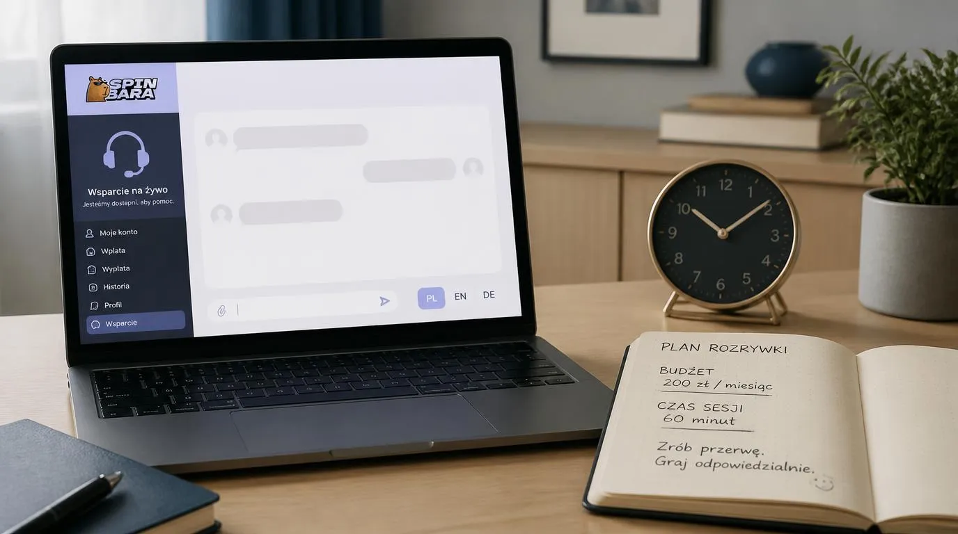 Laptop z otwartym czatem obsługi klienta, obok zegar i notes do planowania czasu oraz budżetu rozrywki