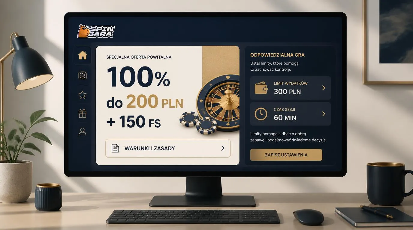 Panel oferty powitalnej 100% do 200 PLN i 150 FS obok ustawień limitu wydatków oraz czasu gry